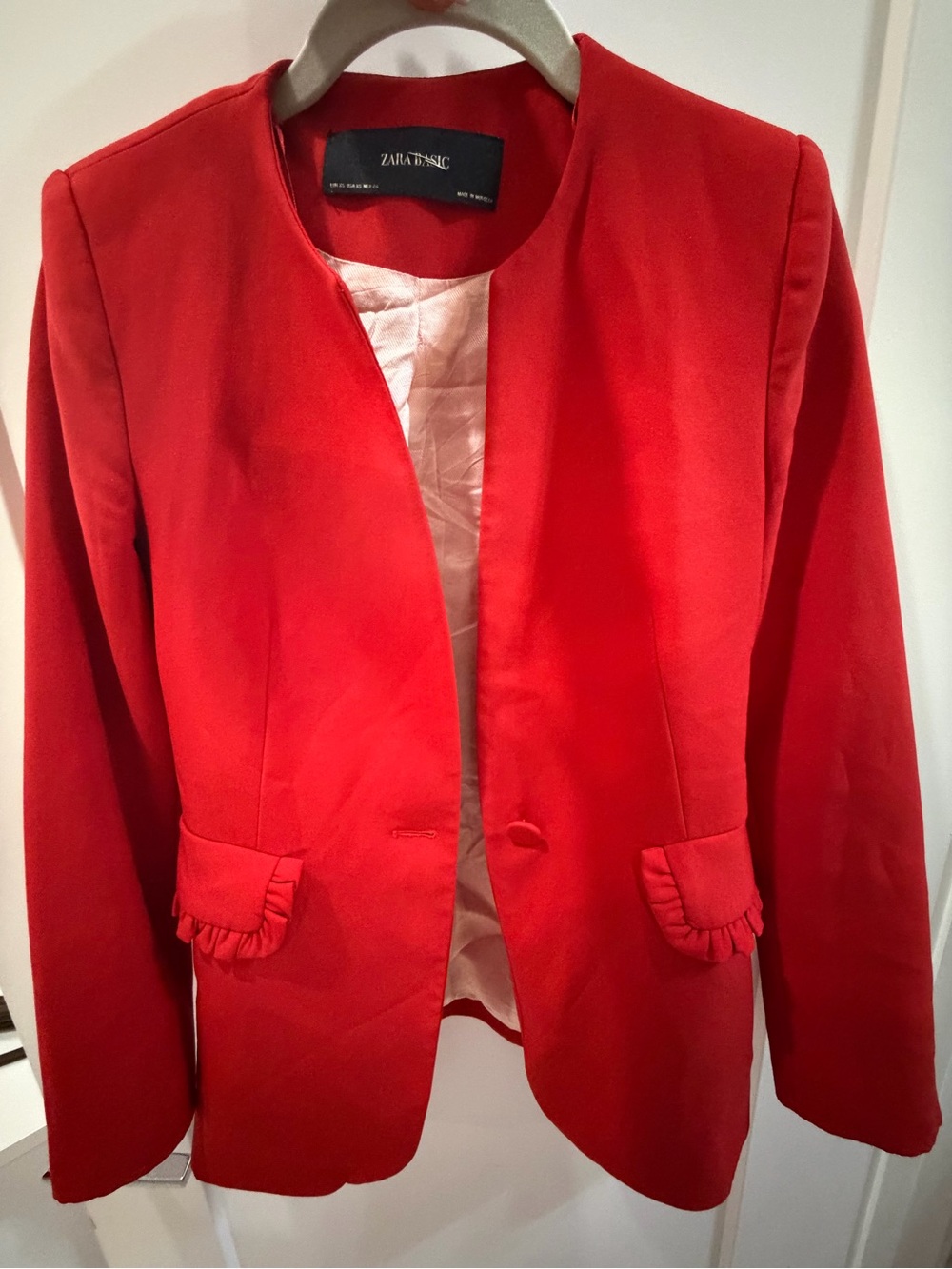Zara Red Open-Front Ruffle-Pocket Blazer